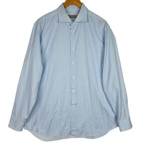 Canali Mens Dress Shirt 17.5 44 Blue Check Button Up Made in Italy